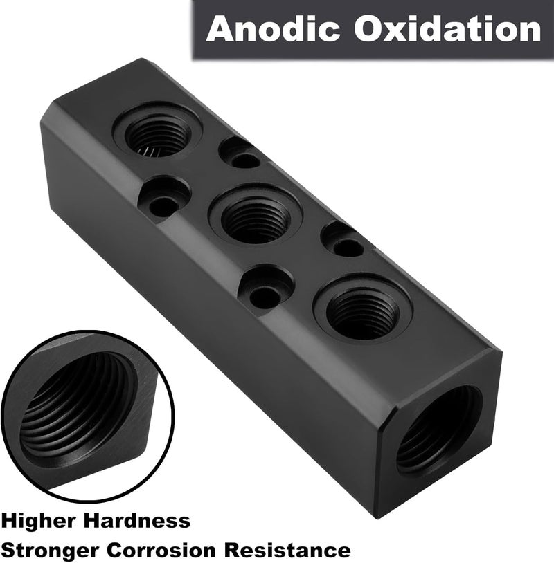 MARSTEK Air Manifold, 3 Way 5 Port Air Compressor Manifold, Air Hose Inline Manifold Block Splitter, Pneumatic Manifold Air Distribution Block, NPT 1/2 Inch Supply Port, NPT 1/4 Inch Output Port(BLACK) - Image 4